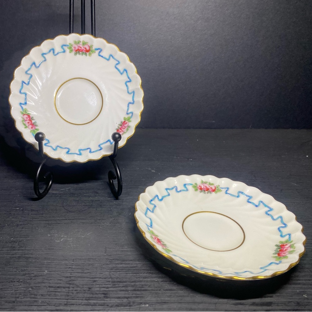 Rare Mintons Saucers, Bone China, England, Ribbon Swag Pink Rose, G9015, 1875